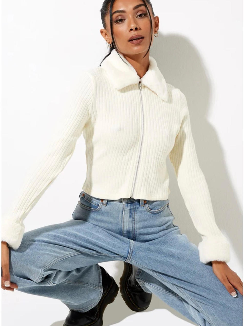 Motel Rocks Cream Faux-Fur Trim Ribbed Zip Sweater